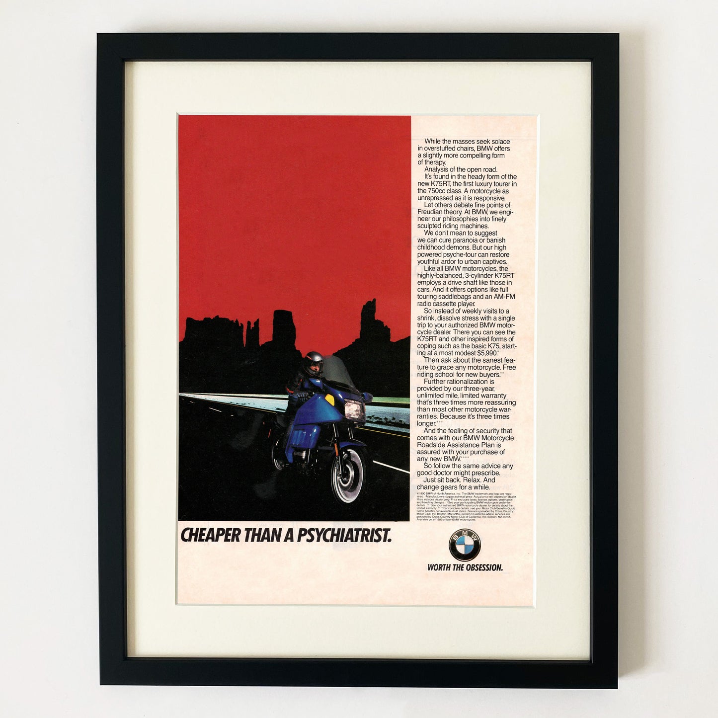 'Cheaper Than A Psychiatrist' - Framed BMW Advert