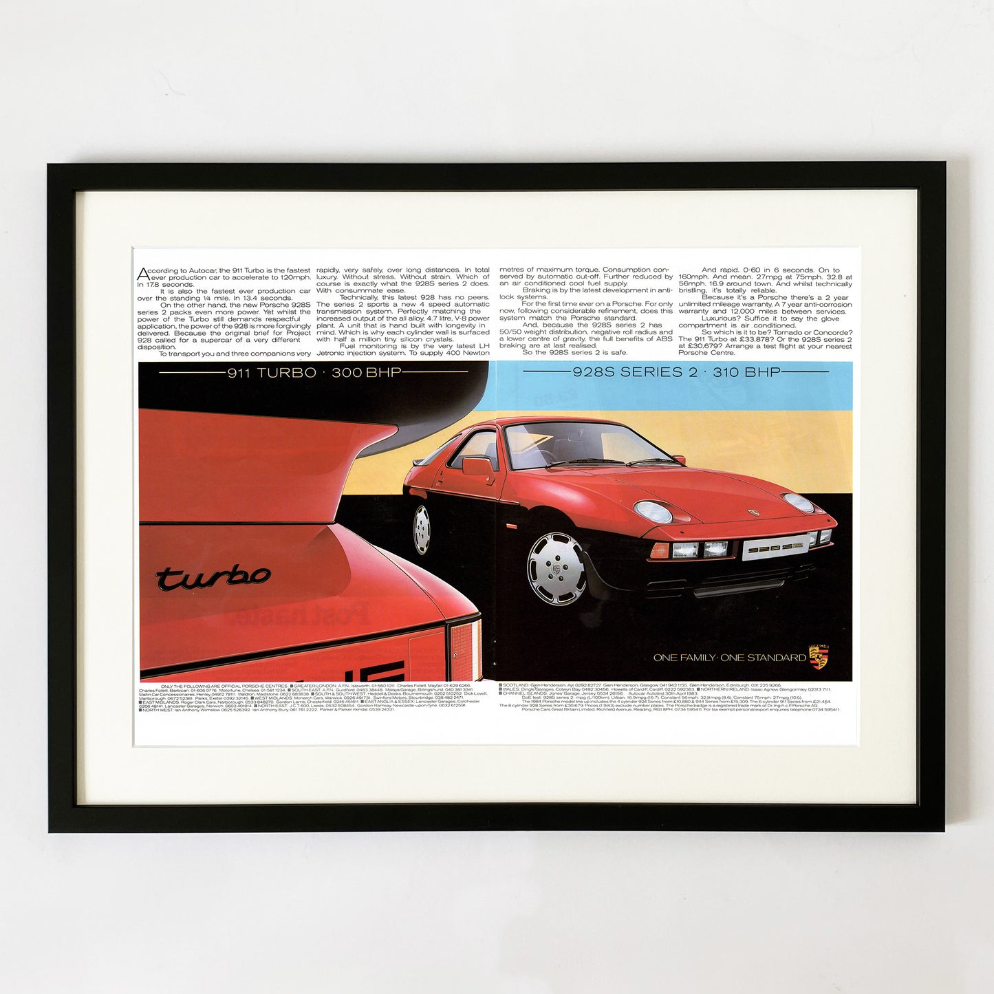 '911 Turbo - 300 BHP'  '928S Series 2 - 310 BHP' - Framed Porsche Advert